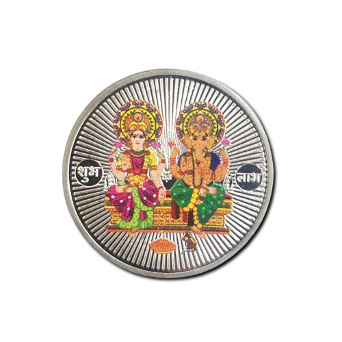 Laxmi Ganesh Ji Coloured Silver Coin – 999 Purity, BIS Hallmark, Fade-Resistant Design