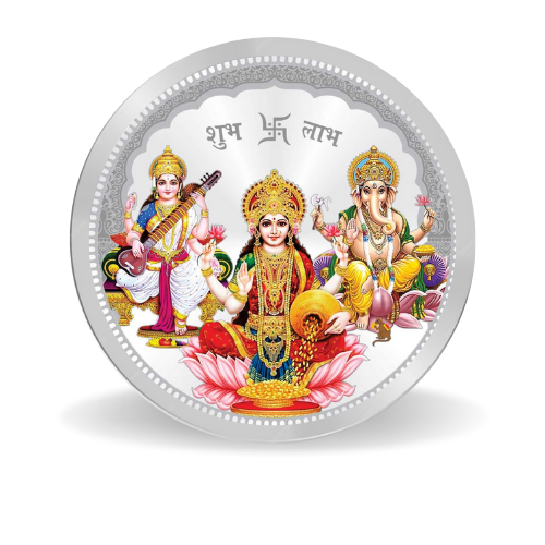Laxmi Ji, Ganesh Ji, and Saraswati Ji Coloured Silver Coin – 999 Purity, BIS Hallmark, Fade-Resistant Design